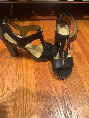 Michael Kors Black T-Strap Platform Heels with Gold Zipper